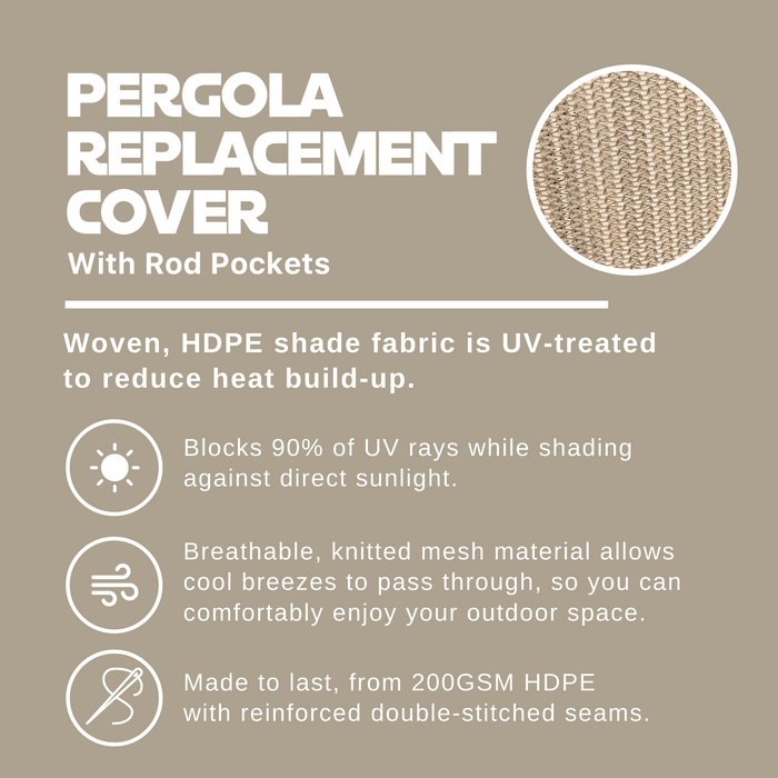 HDPE Breathable Pergola Shade Cover Replacement with Rod Pockets – Smoke Tan